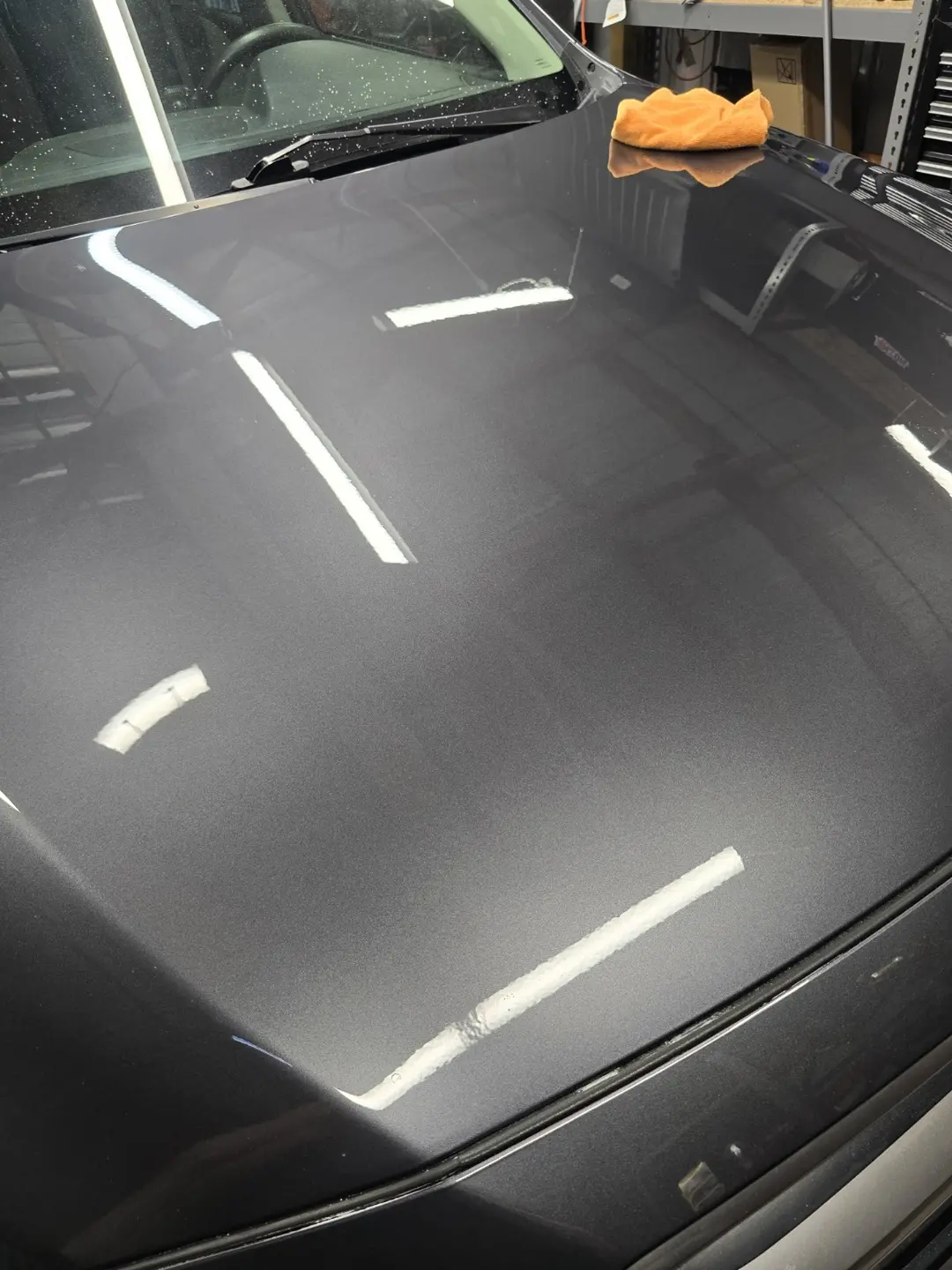 Polished 2019 Subaru Outback hood under ShineLab shop lighting